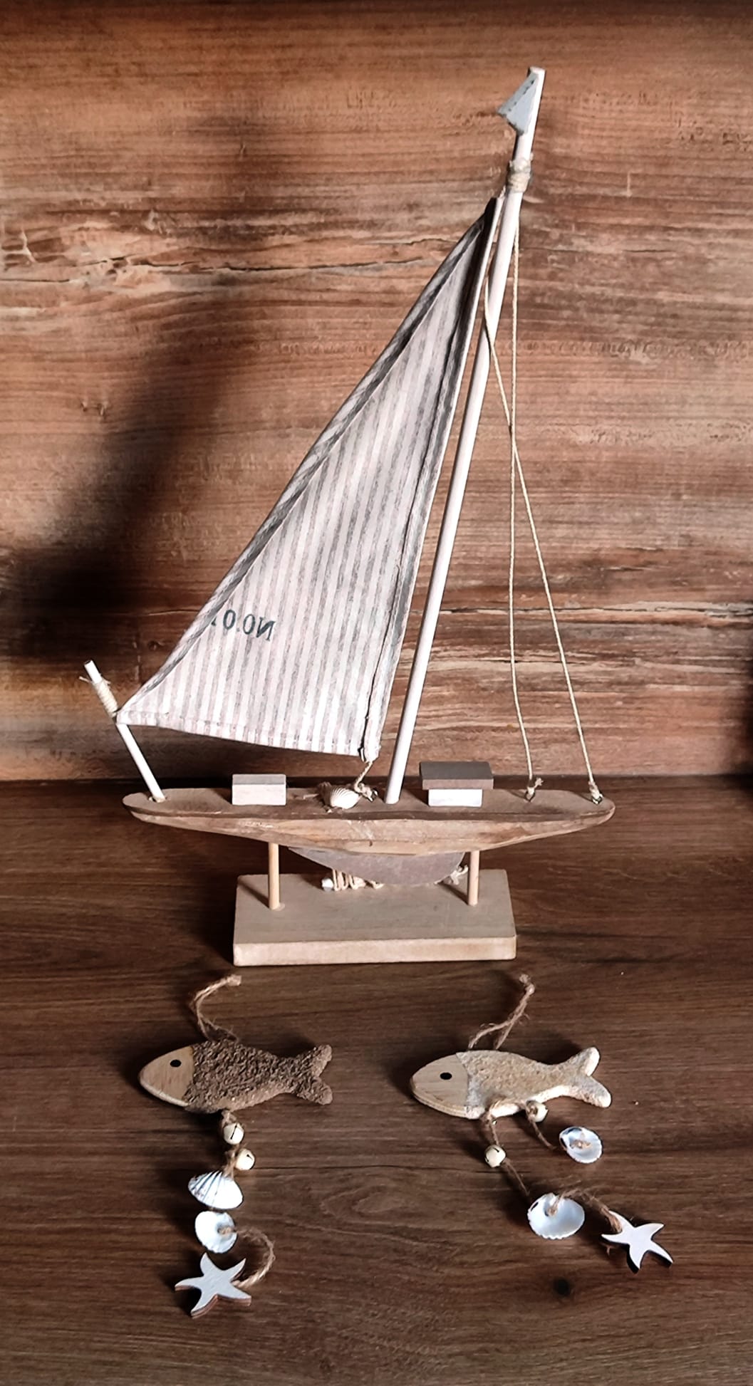 Maritim 3er Set/ großes Schiff 49cm/ 2x Fischanhänger mit Kette /Holz/ sehr dekorativ/