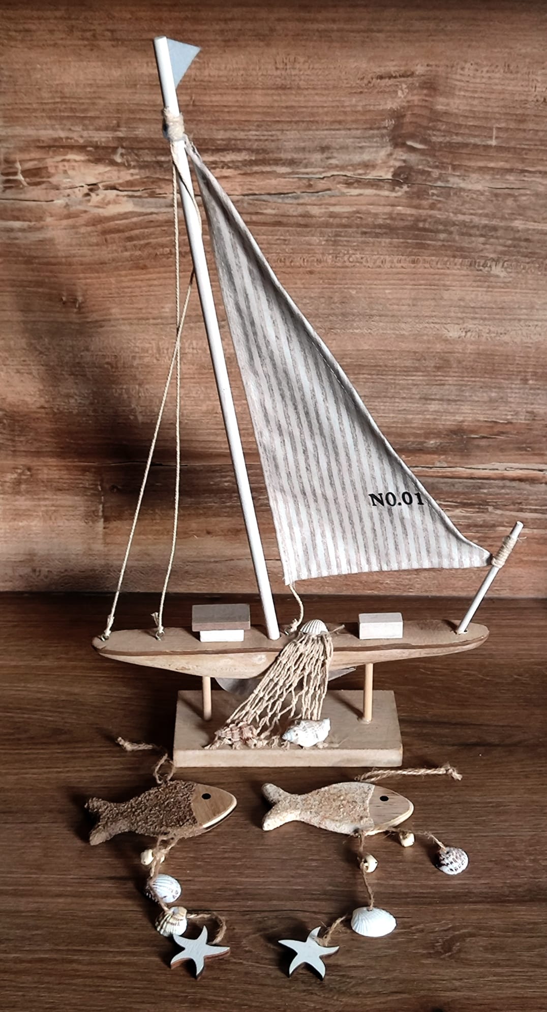 Maritim 3er Set/ großes Schiff 49cm/ 2x Fischanhänger mit Kette /Holz/ sehr dekorativ/