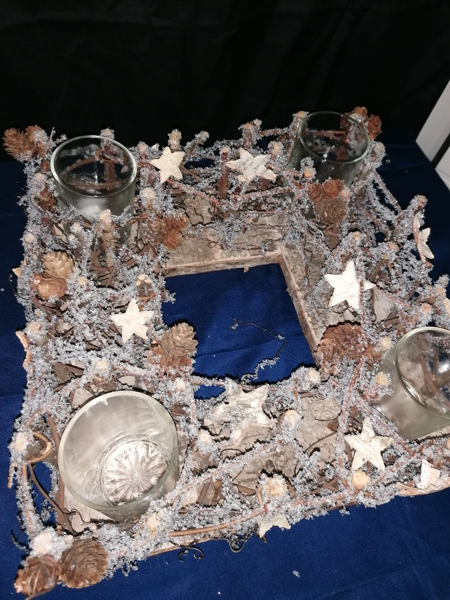 Weihnachtlicher Kranz/Teelicht/Holz/Glas/ Wiederverwendbar 33x33 cm