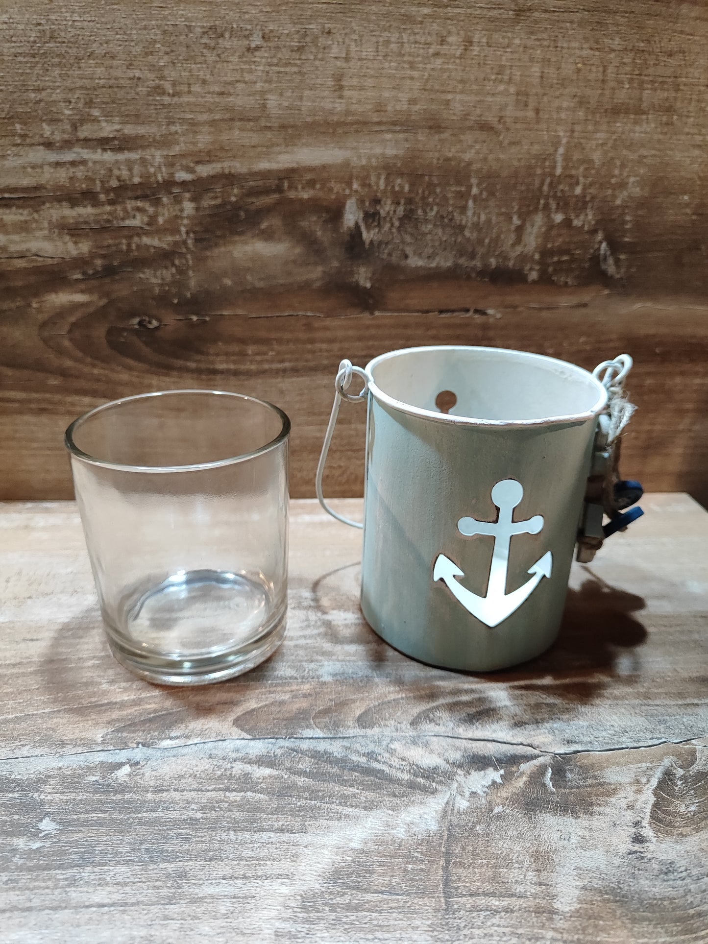 Teelichthalter/Maritim/Glas/Metall/ Ankermotiv mit Anker