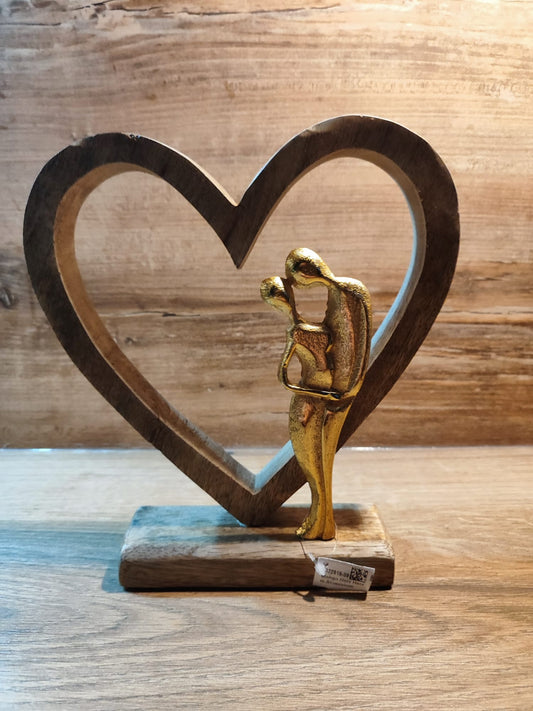 Großes Mangoholz-Herz mit goldenem Paar, zum Stellen, Valentinstag