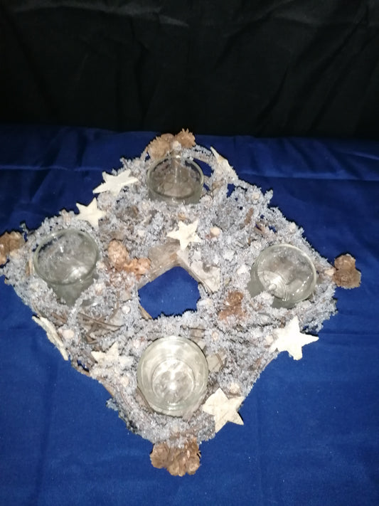 Weihnachtlicher Kranz/Teelicht/Holz/Glas/ Wiederverwendbar 22x22cm