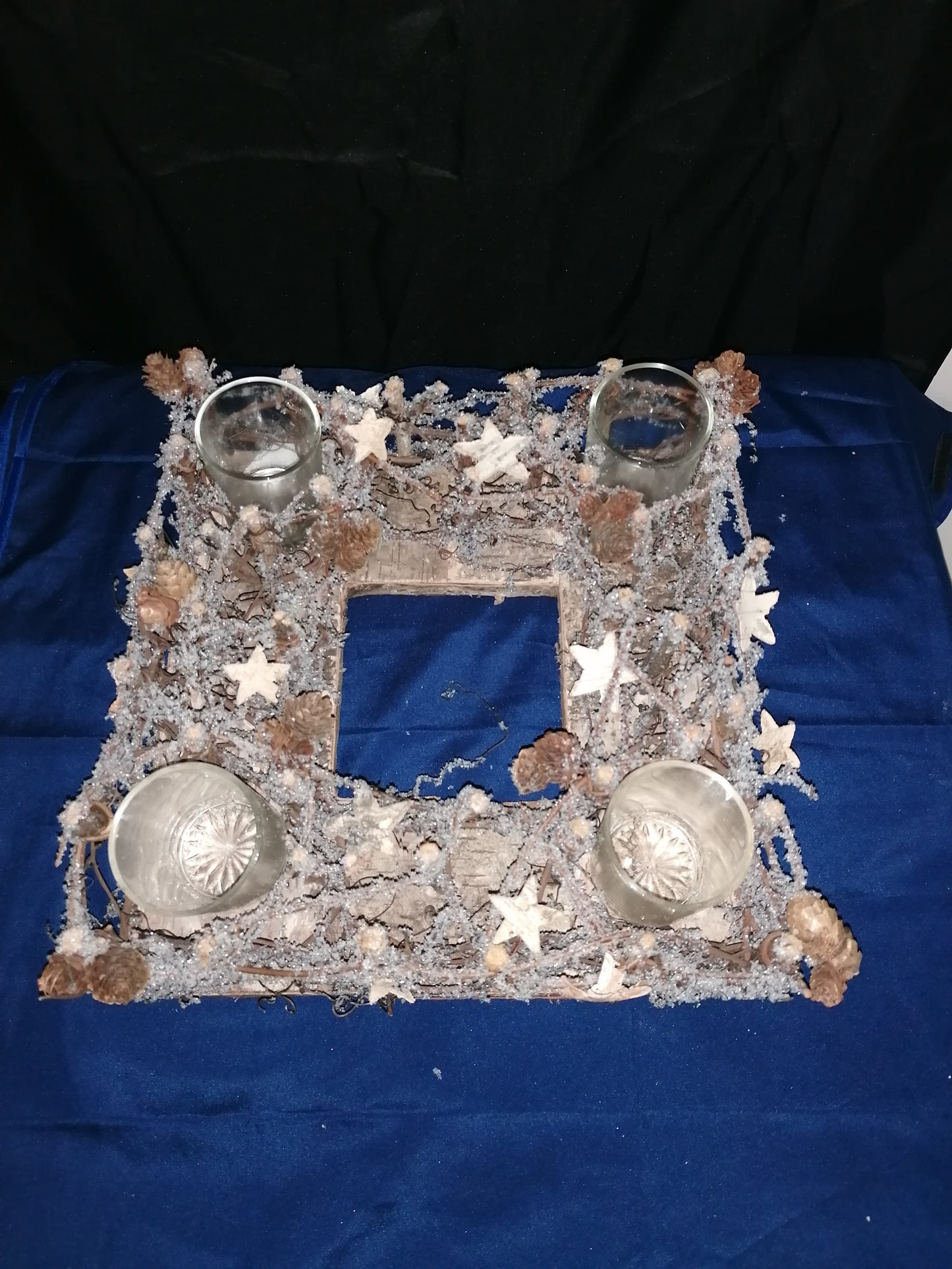 Weihnachtlicher Kranz/Teelicht/Holz/Glas/ Wiederverwendbar 33x33 cm