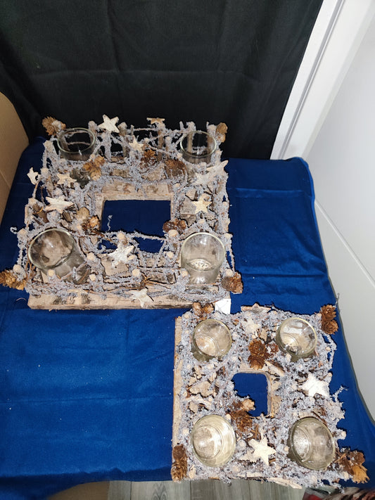 2er Set  Kranz/Teelicht/Holz/Glas/ Wiederverwendbar 33x33 cm / 22x22cm